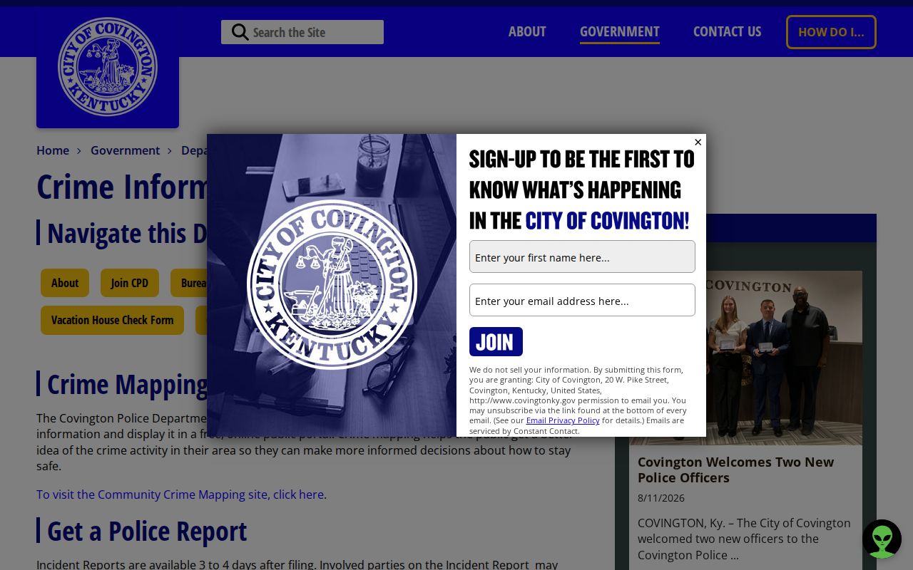 Covington Police crime information and arrest record access page